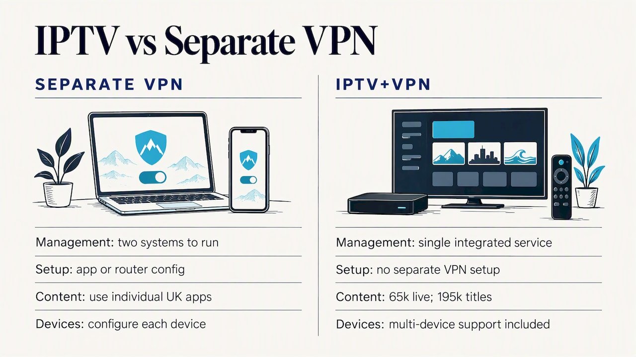 Alternative: IPTV with built-in VPN for UK viewers abroad — overview diagram